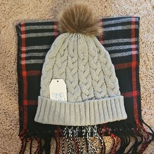 Time and Tru Gray and Brown Knit Pom-Pom Hat